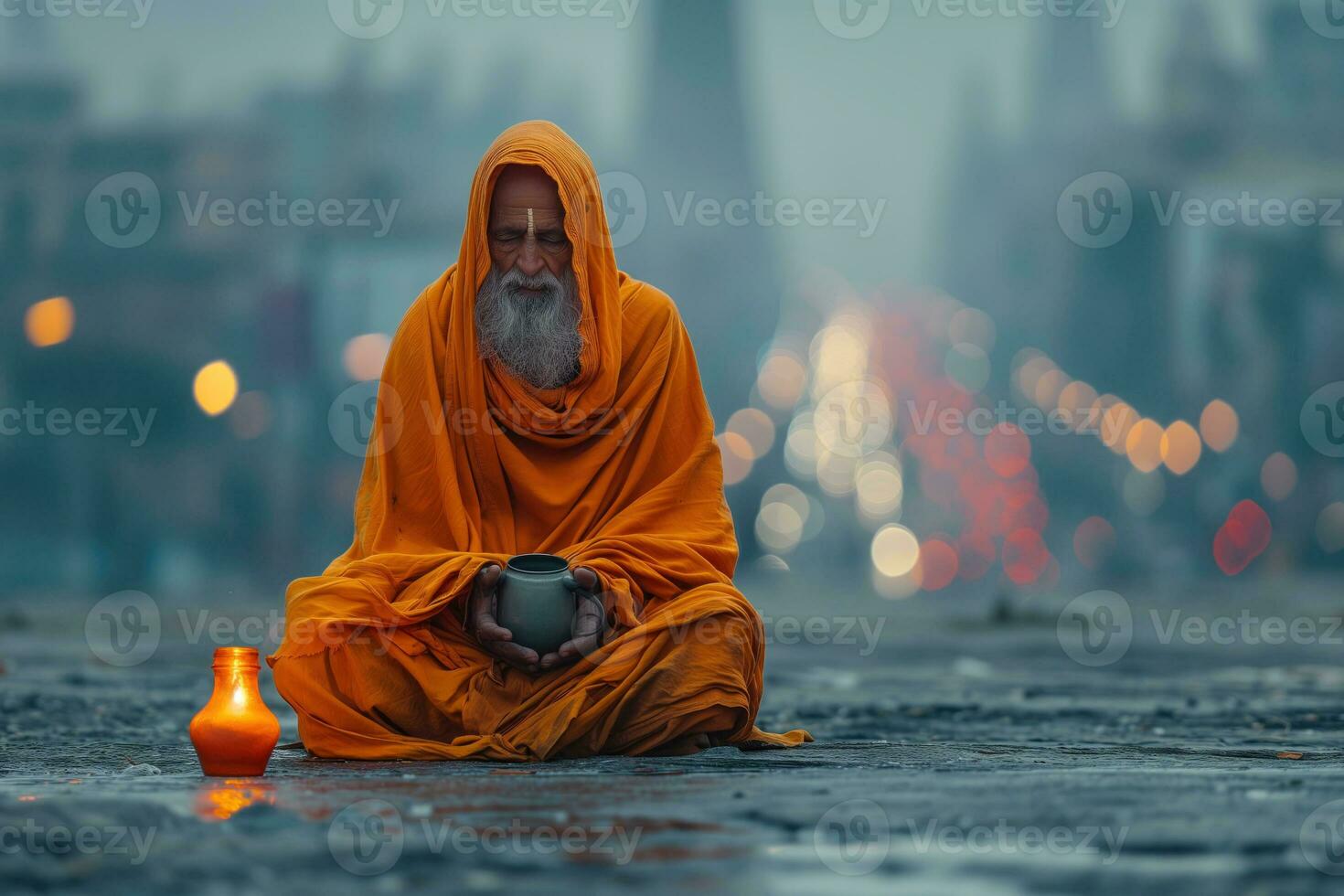 AI generated ascet sadhu sits in lotus position on the street at dusk with a begging mug photo