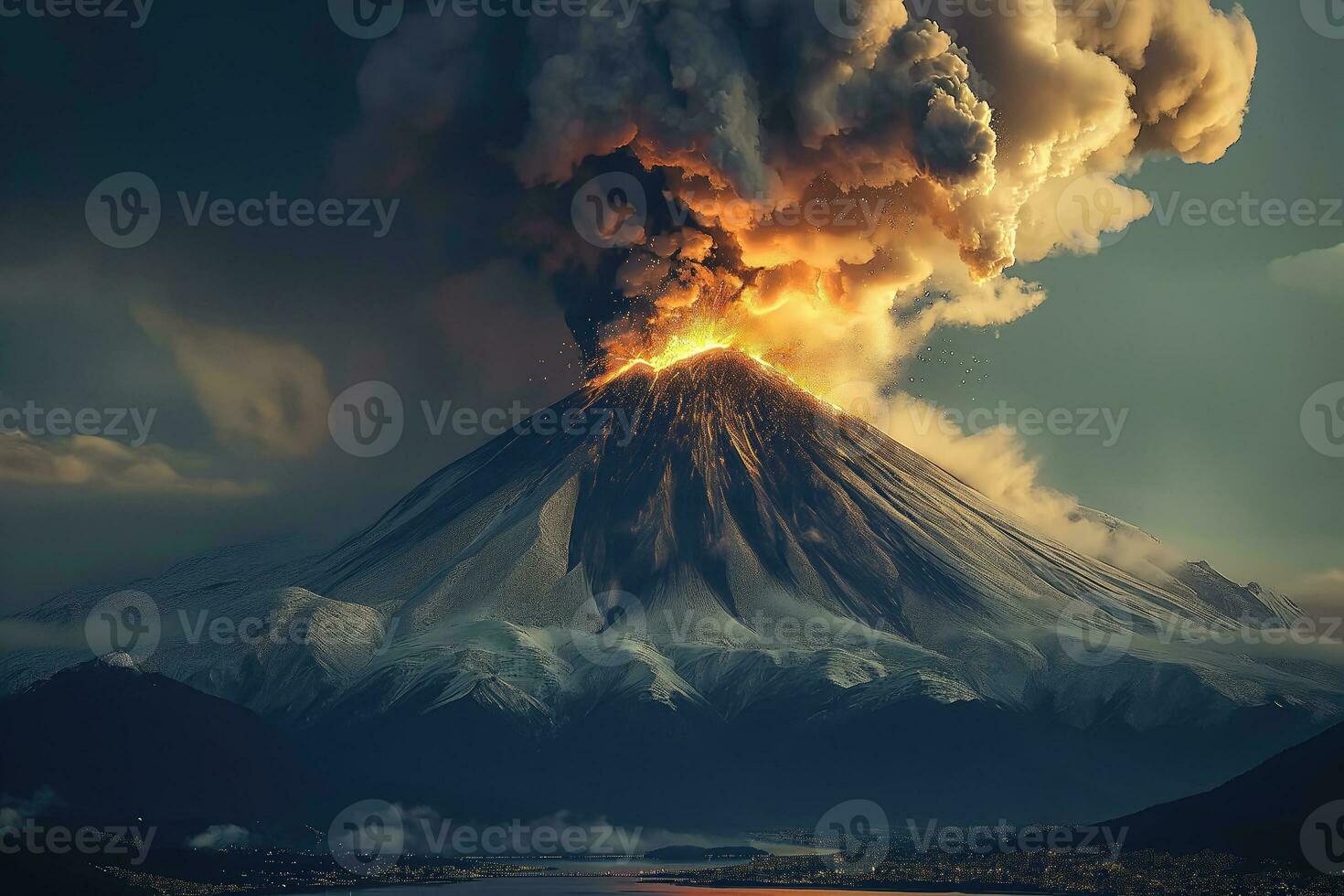 AI generated massive volcanic eruption over bay with city at night photo