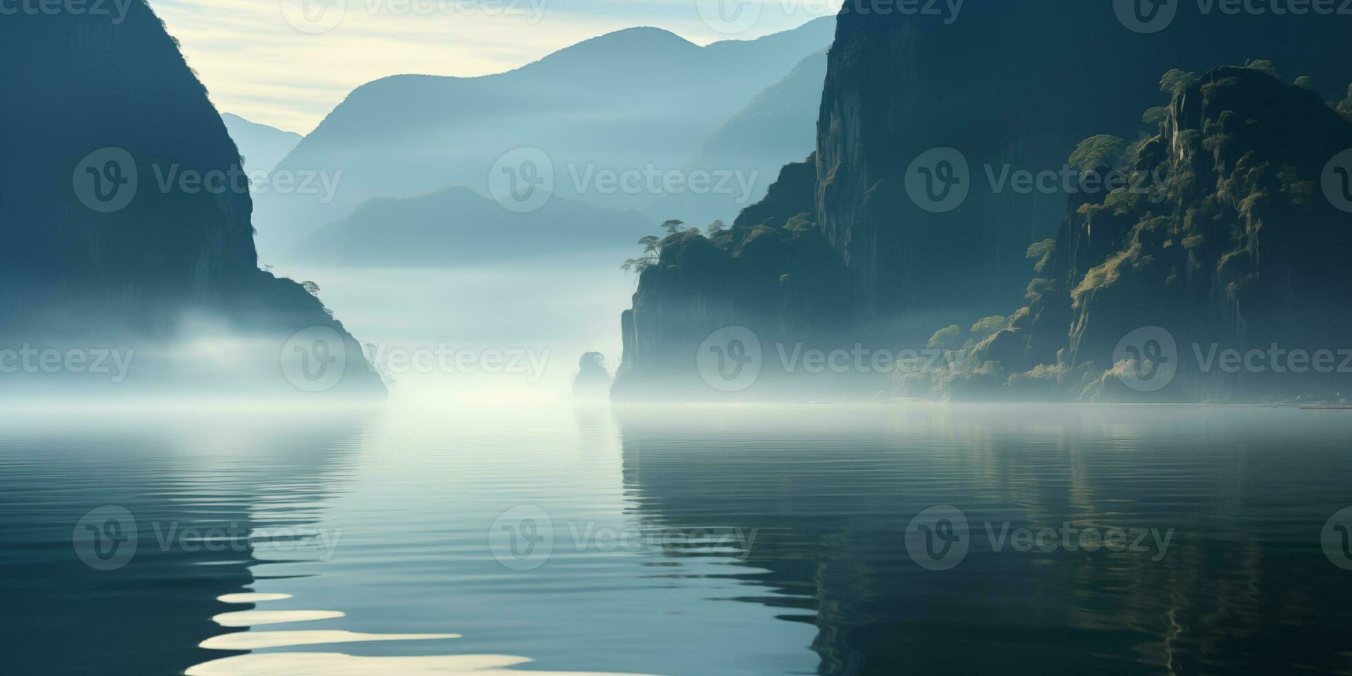 ai generado antes del amanecer niebla en un tropical costa con rocoso acantilados foto