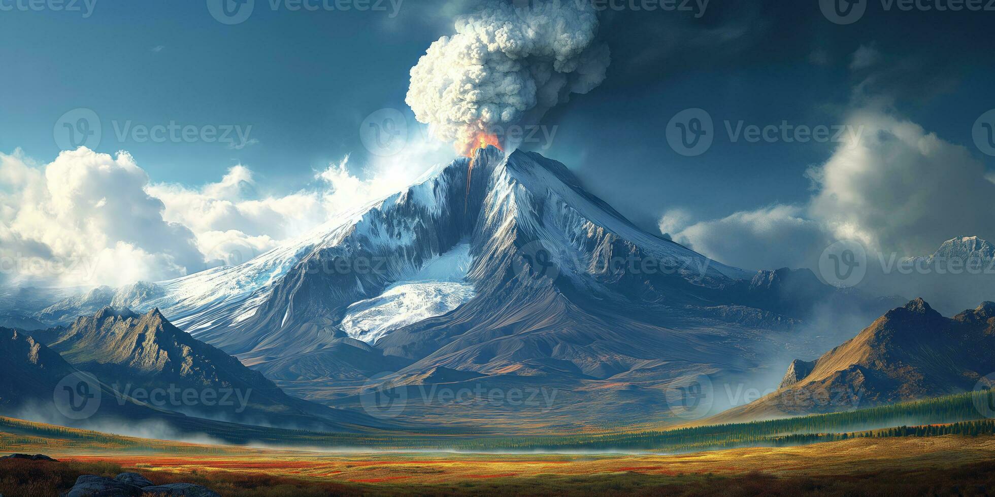 AI generated beautiful landscape with an erupting volcano photo