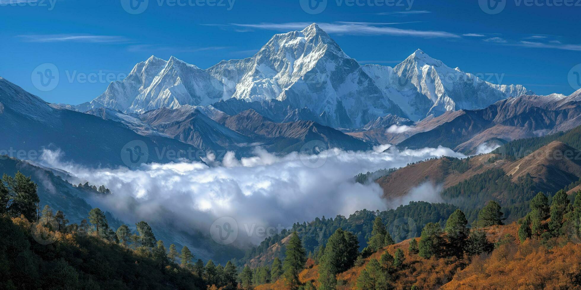 AI generated landscape with snow peaks in the distance behind mountain forests photo