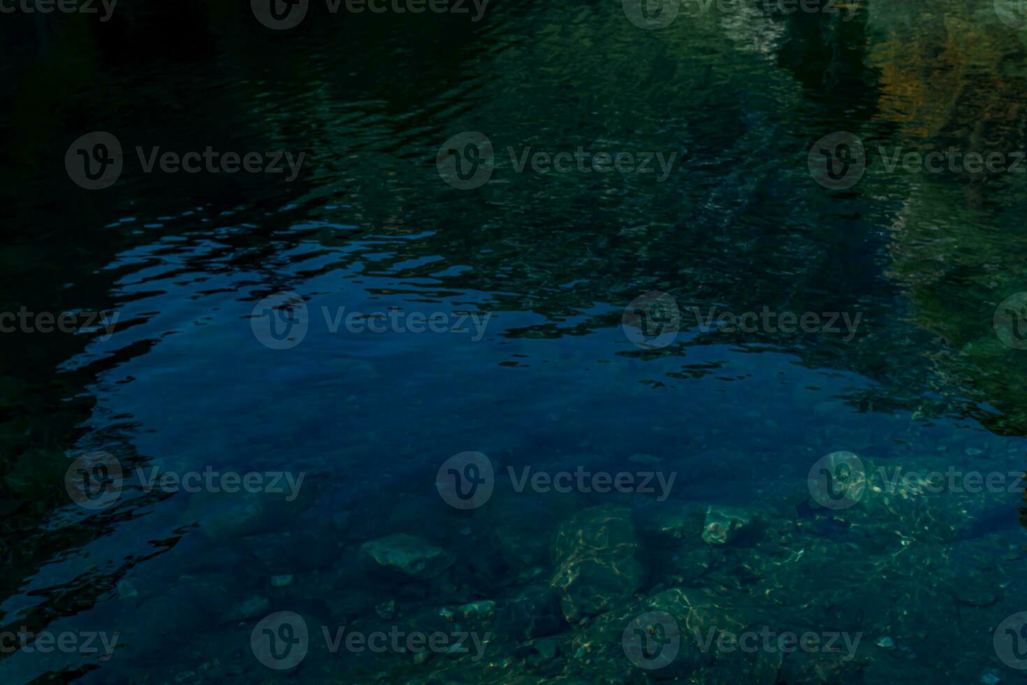 wavy water surface of a clear forest lake with reflection of mountains and sky photo