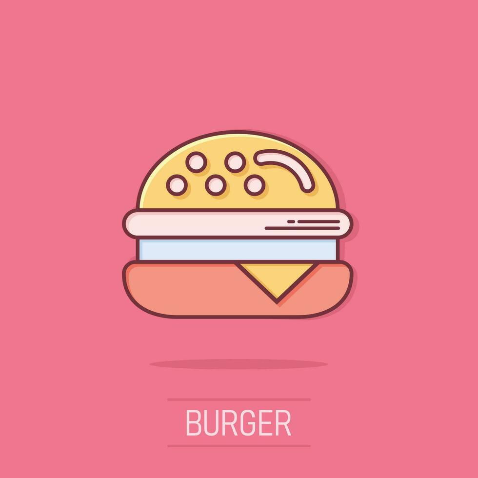 icono de signo de hamburguesa en estilo cómico. ilustración de dibujos animados de vector de hamburguesa sobre fondo blanco aislado. efecto de salpicadura de concepto de negocio de hamburguesa con queso.