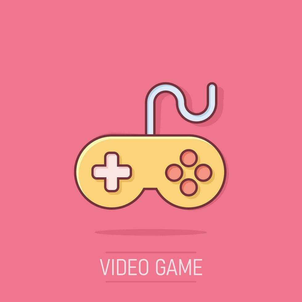 Joystick sign icon in comic style. Gamepad vector cartoon illustration on isolated background. Gaming console controller business concept splash effect.