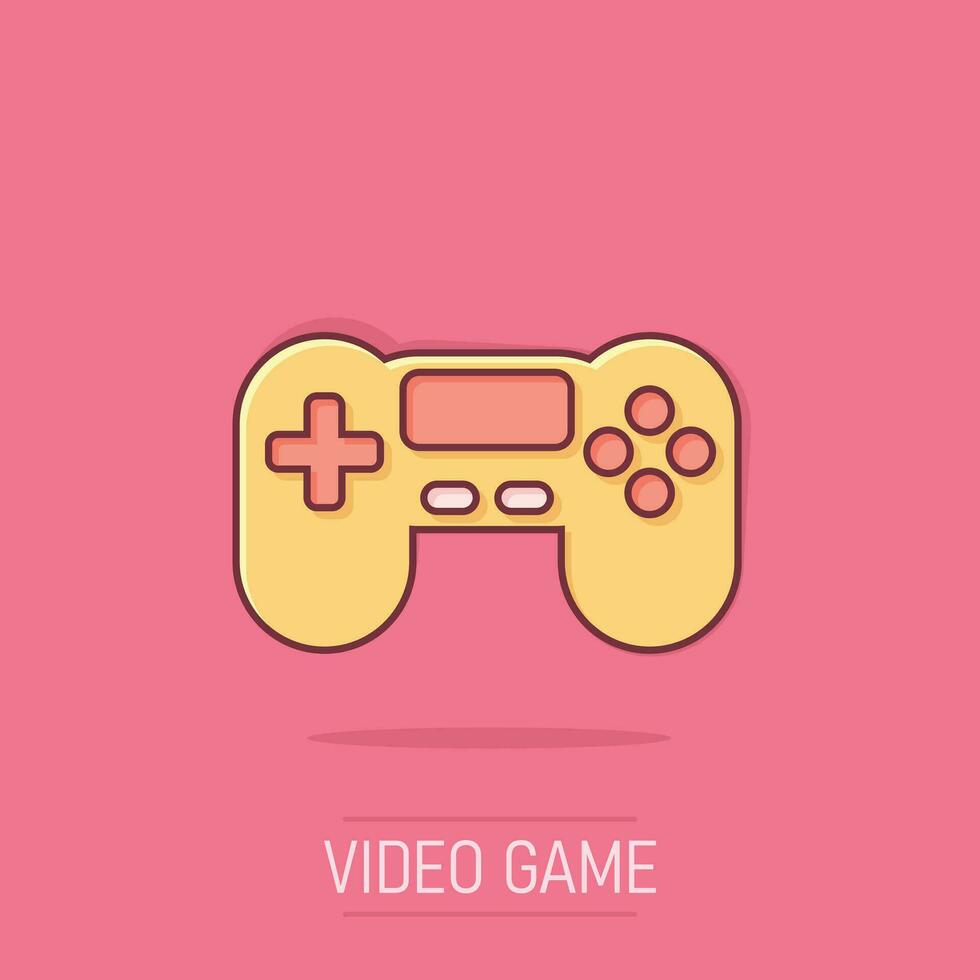 Joystick sign icon in comic style. Gamepad vector cartoon illustration on isolated background. Gaming console controller business concept splash effect.