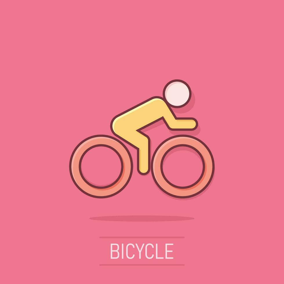 personas en bicicleta firmar icono en cómic estilo. bicicleta vector dibujos animados ilustración en aislado antecedentes. hombres ciclismo negocio concepto chapoteo efecto.