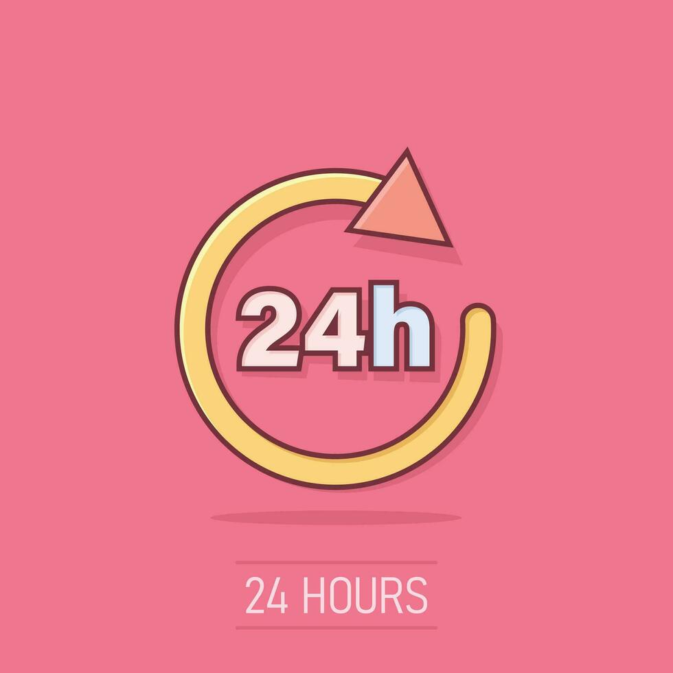 24 hours clock sign icon in comic style. Twenty four hour open vector cartoon illustration on isolated background. Timetable business concept splash effect.