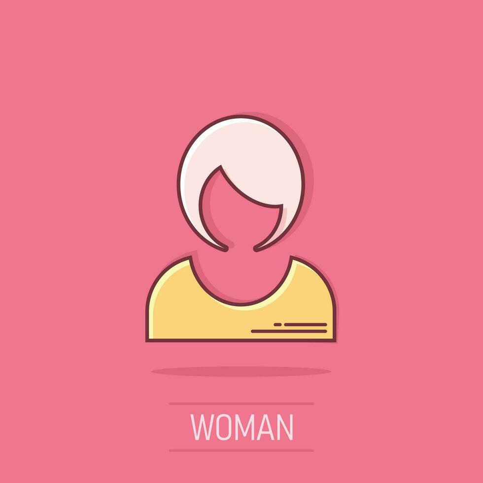 Woman sign icon in comic style. Female avatar vector cartoon illustration on isolated background. Girl face business concept splash effect.