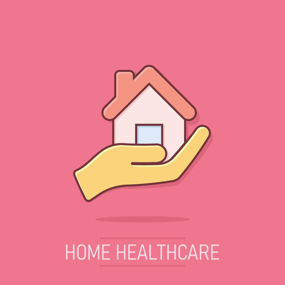 Home care icon in comic style. Hand hold house vector cartoon illustration on isolated background. Building quality business concept splash effect.