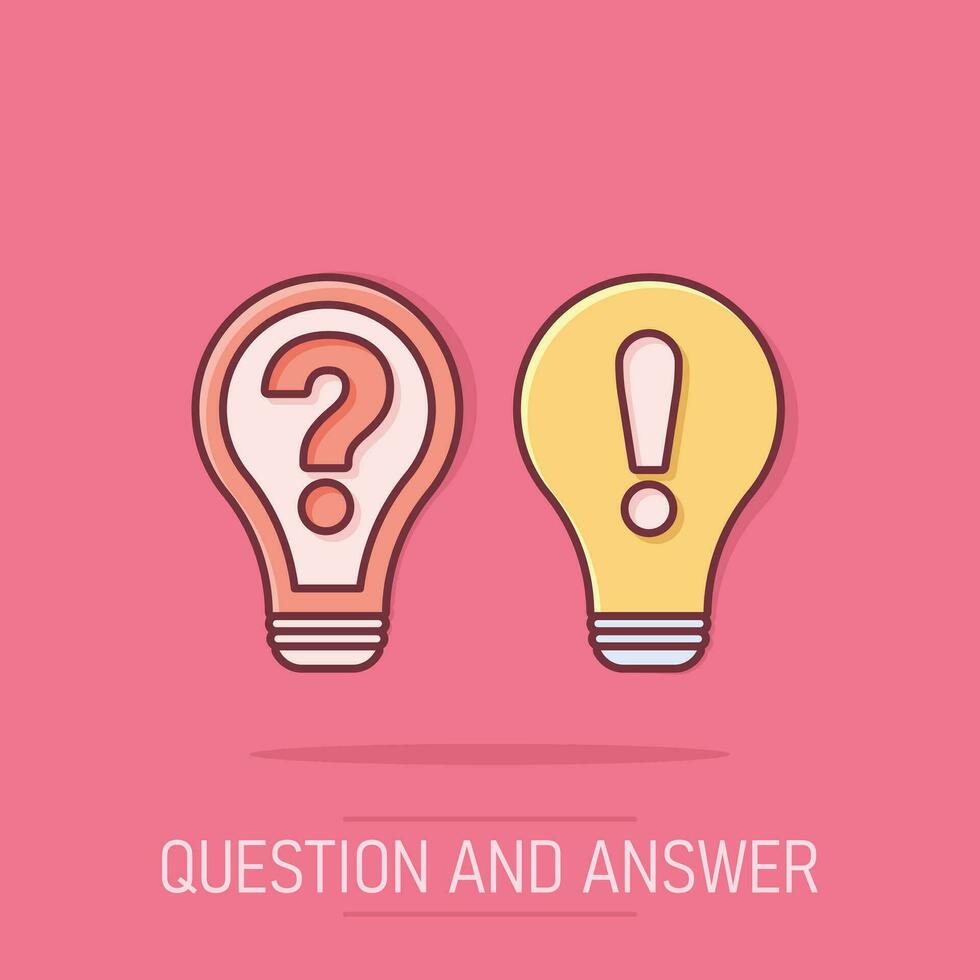 Problem solution icon in comic style. Light bulb idea vector cartoon illustration on isolated background. Question and answer business concept.