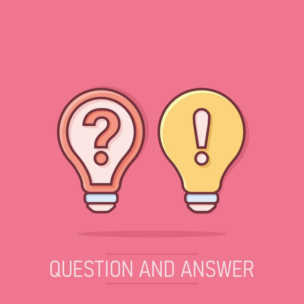 Problem solution icon in comic style. Light bulb idea vector cartoon illustration on isolated background. Question and answer business concept.