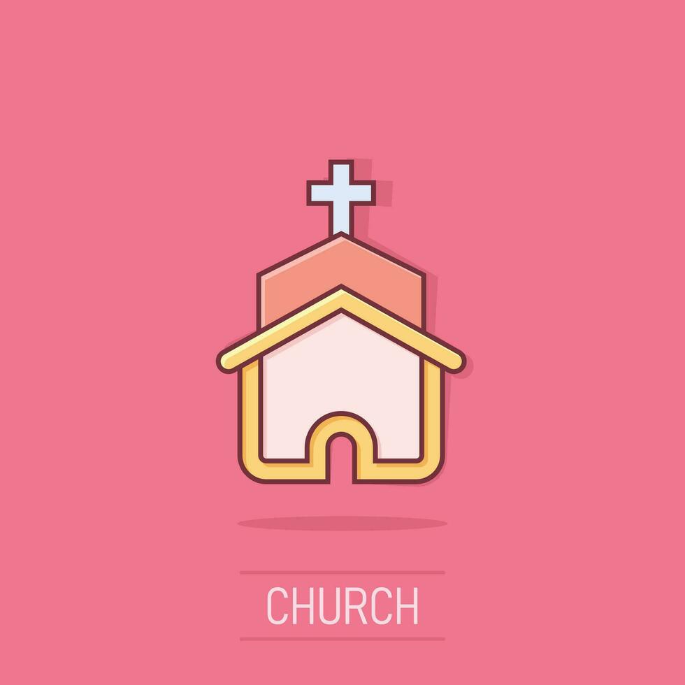 Church icon in comic style. Chapel vector cartoon illustration on isolated background. Religious building business concept splash effect.