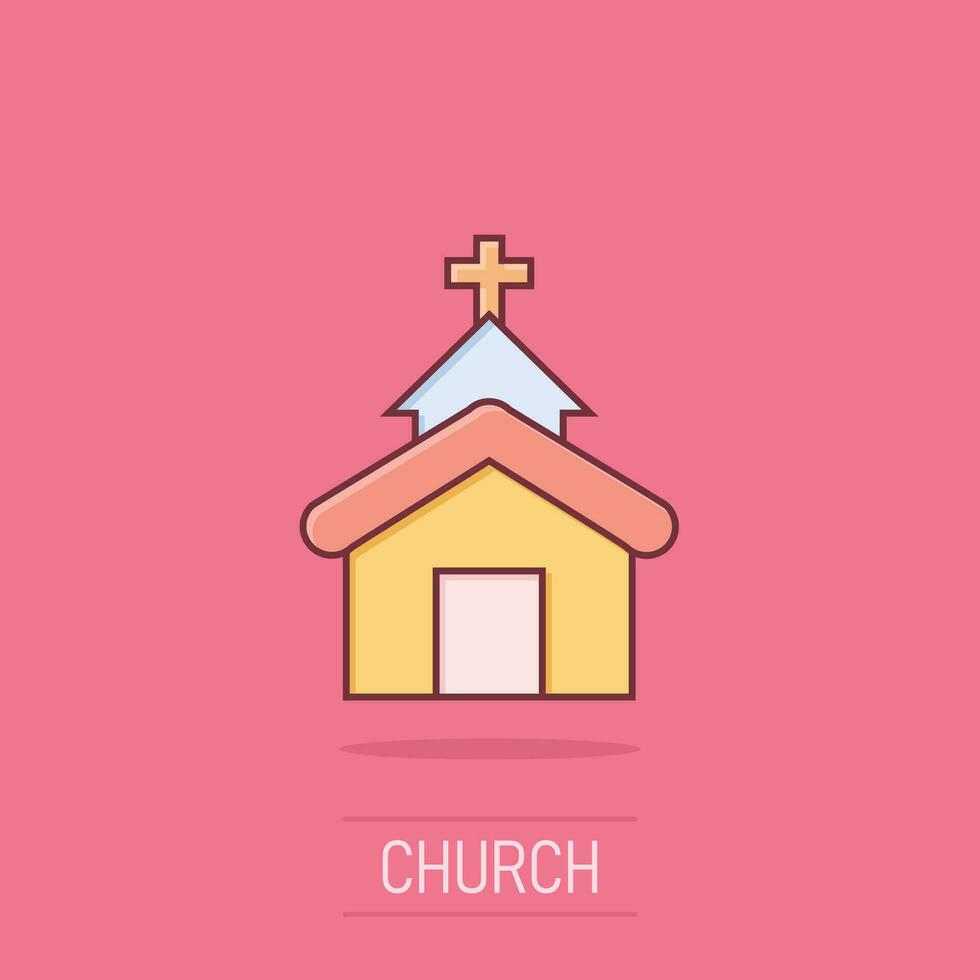 Church icon in comic style. Chapel vector cartoon illustration on isolated background. Religious building business concept splash effect.