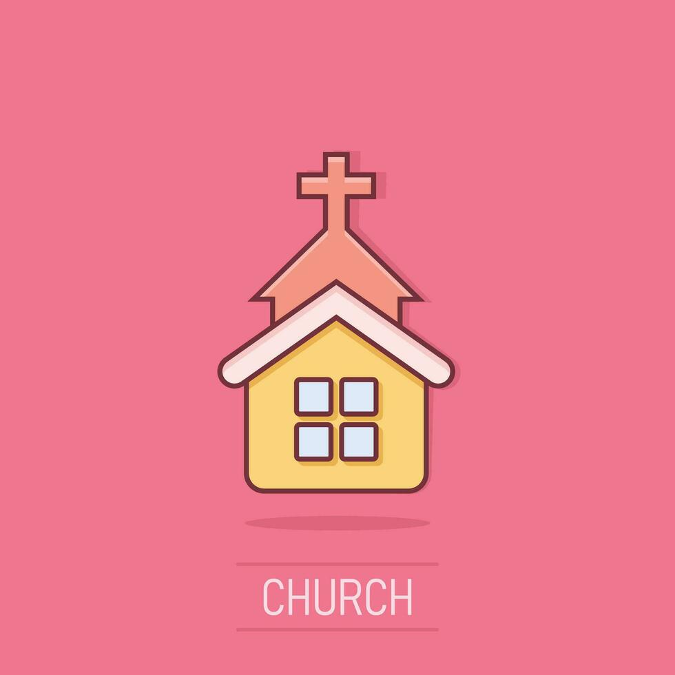 Church icon in comic style. Chapel vector cartoon illustration on isolated background. Religious building business concept splash effect.