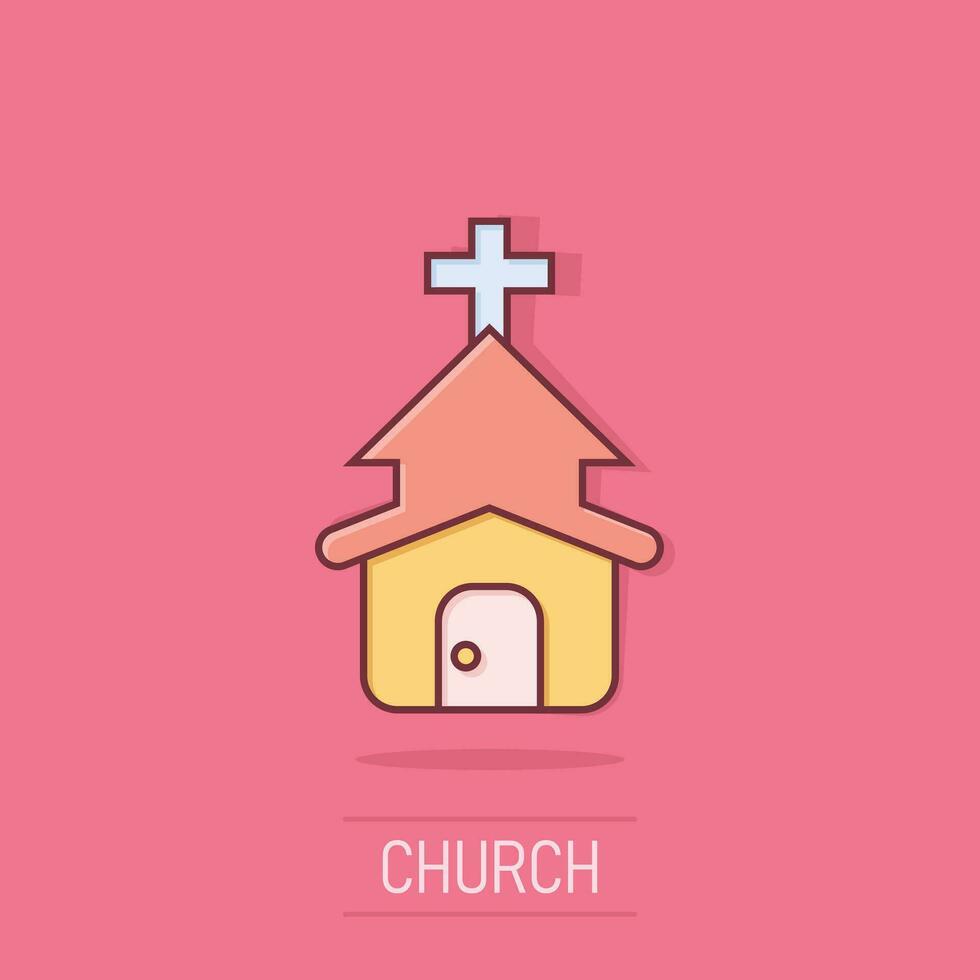 Church icon in comic style. Chapel vector cartoon illustration on isolated background. Religious building business concept splash effect.