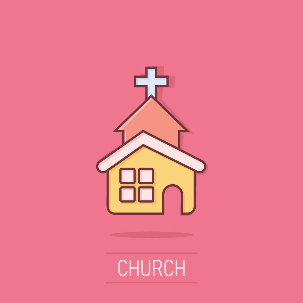 Iglesia icono en cómic estilo. capilla vector dibujos animados ilustración en aislado antecedentes. religioso edificio negocio concepto chapoteo efecto.