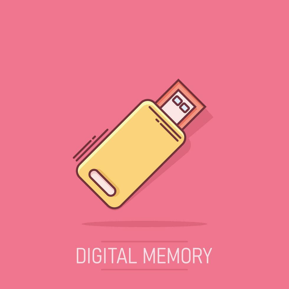 USB conducir icono en cómic estilo. destello disco vector dibujos animados ilustración en aislado antecedentes. digital memoria chapoteo efecto negocio concepto.