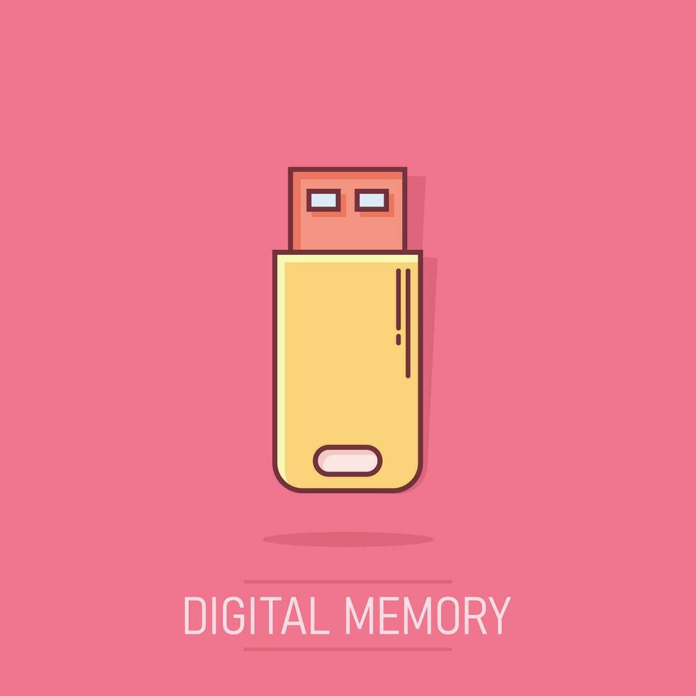 Usb drive icon in comic style. Flash disk vector cartoon illustration on isolated background. Digital memory splash effect business concept.