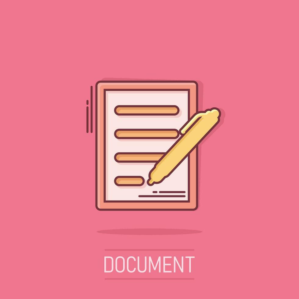 Document with pen icon in comic style. Notepad vector cartoon illustration on isolated background. Office stationery splash effect business concept.