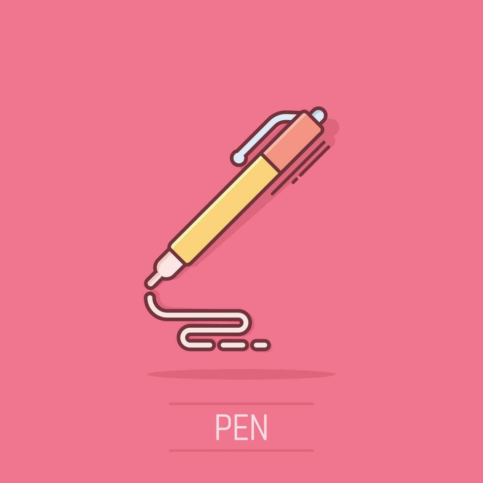 Pen icon in comic style. Ballpoint vector cartoon illustration on isolated background. Office stationery splash effect business concept.