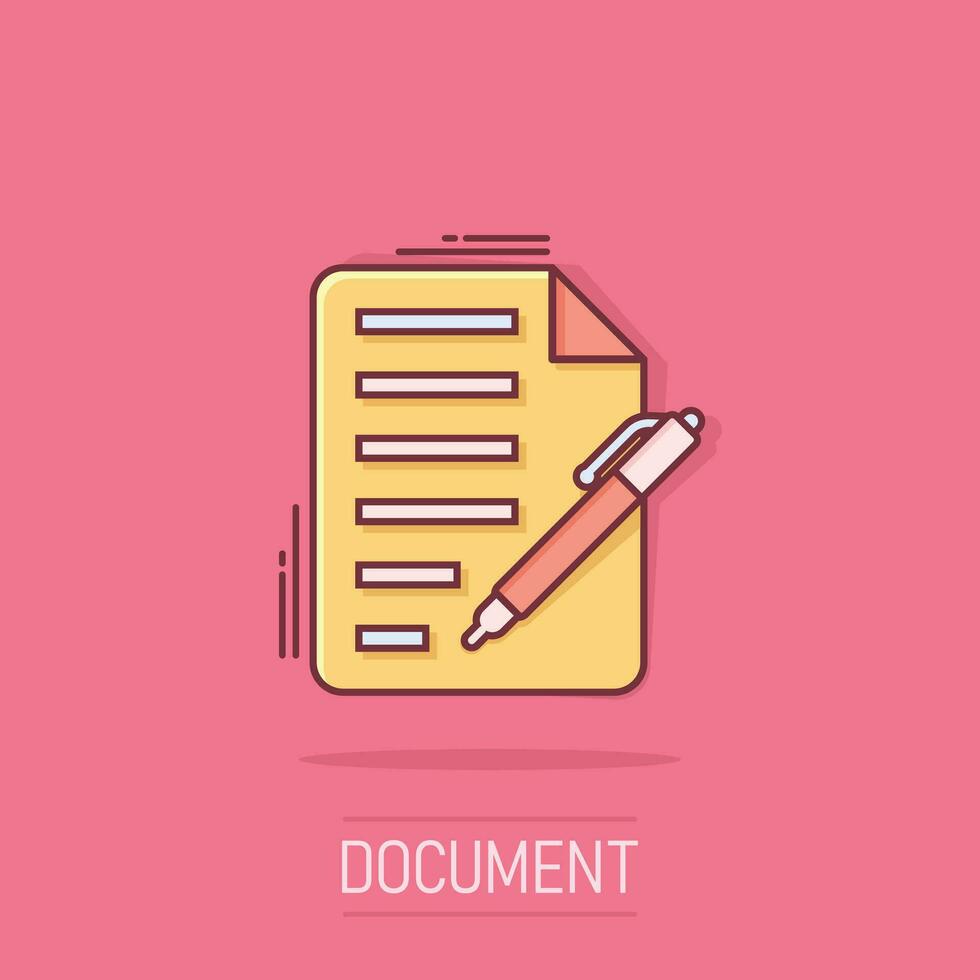 Document with pen icon in comic style. Notepad vector cartoon illustration on isolated background. Office stationery splash effect business concept.