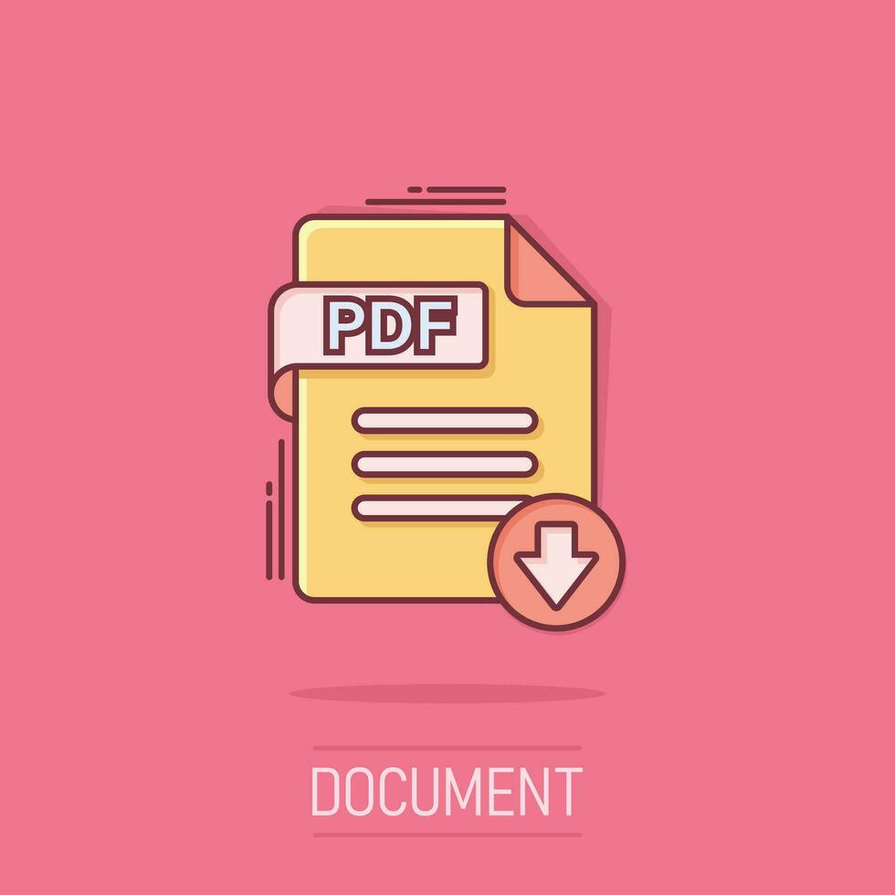 Pdf icon in comic style. Document text vector cartoon illustration on isolated background. Archive splash effect business concept.