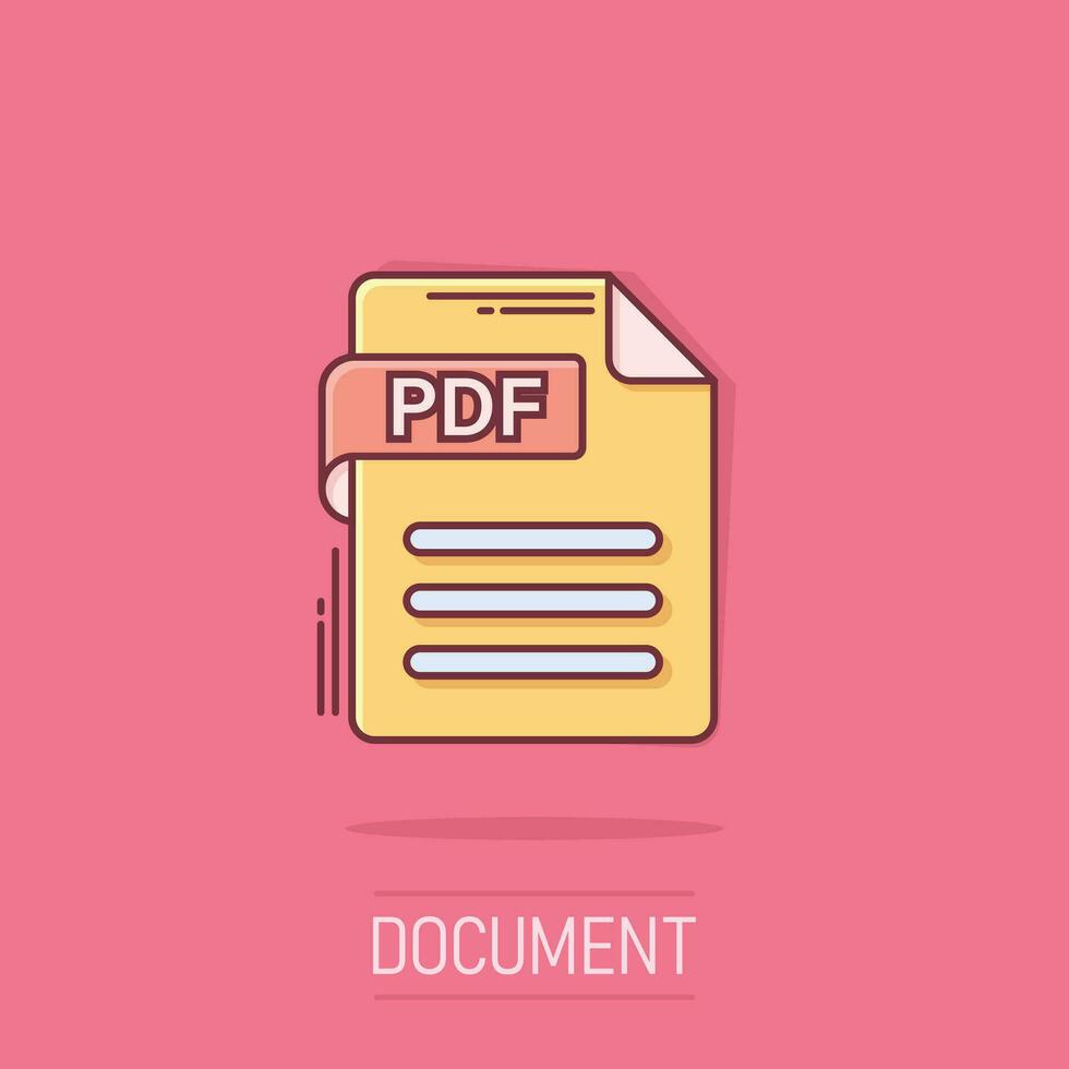 Pdf icon in comic style. Document text vector cartoon illustration on isolated background. Archive splash effect business concept.