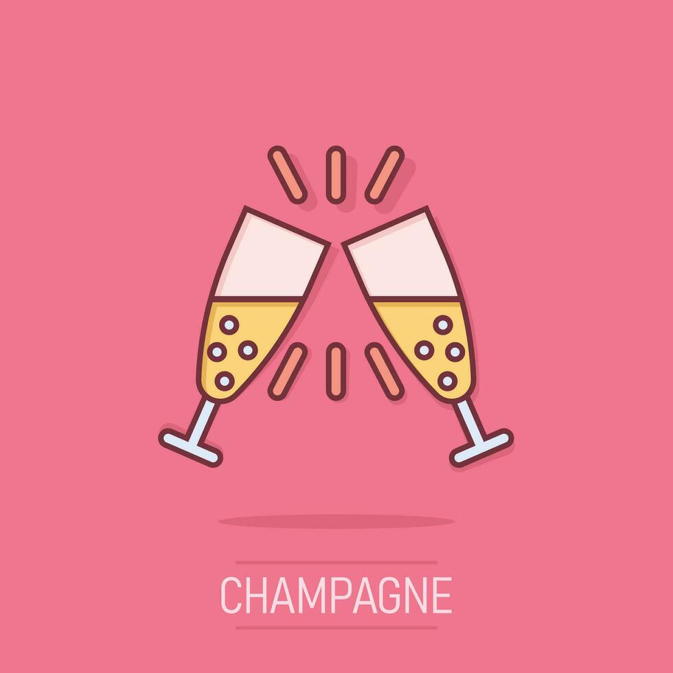 Champagne glass icon in comic style. Alcohol drink vector cartoon illustration on isolated background. Cocktail splash effect business concept.