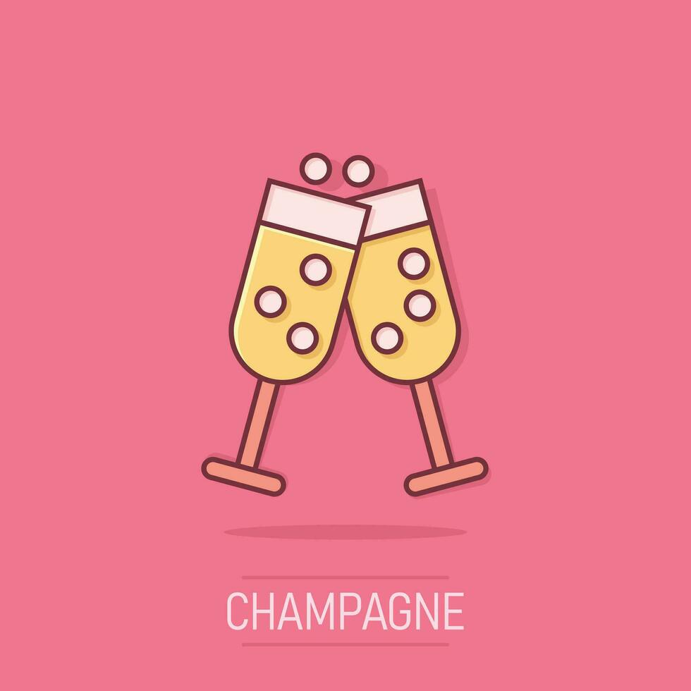 Champagne glass icon in comic style. Alcohol drink vector cartoon illustration on isolated background. Cocktail splash effect business concept.