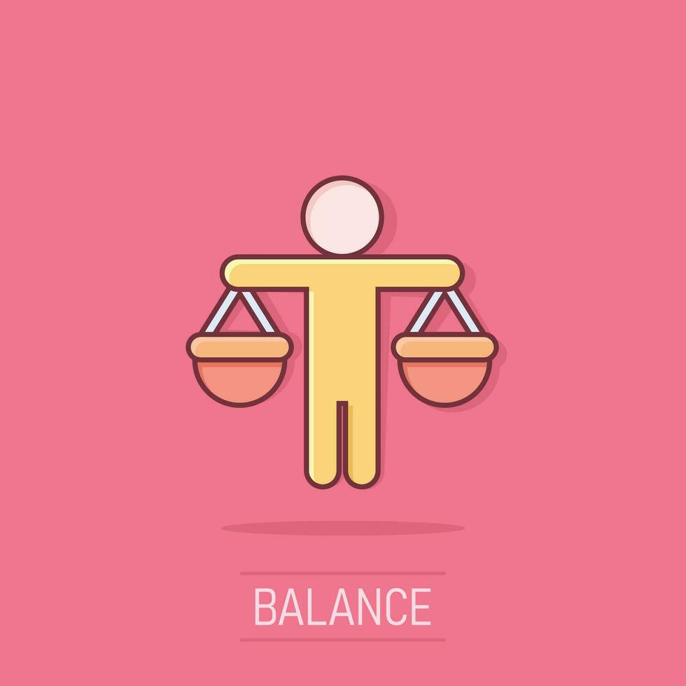 Ethic balance icon in comic style. Honesty cartoon vector illustration on isolated background. Decision splash effect business concept.
