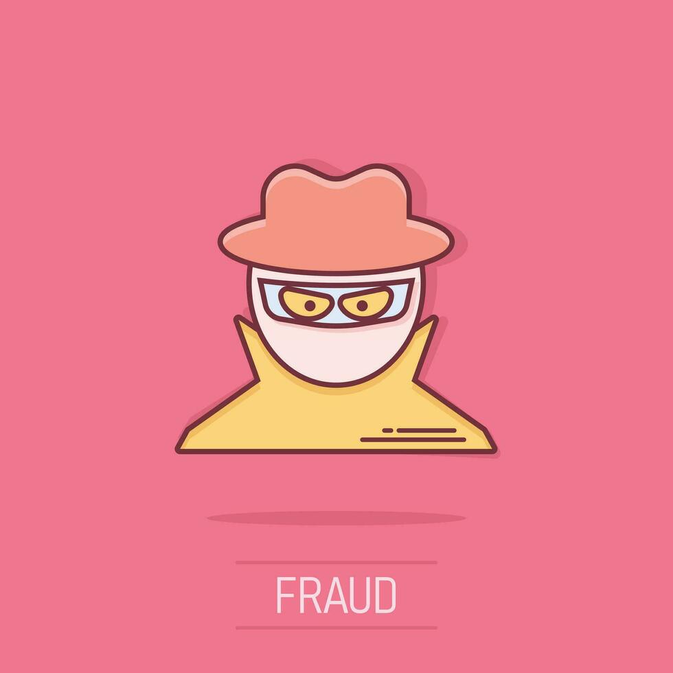 Fraud hacker icon in comic style. Spy cartoon vector illustration on isolated background. Cyber defend splash effect business concept.