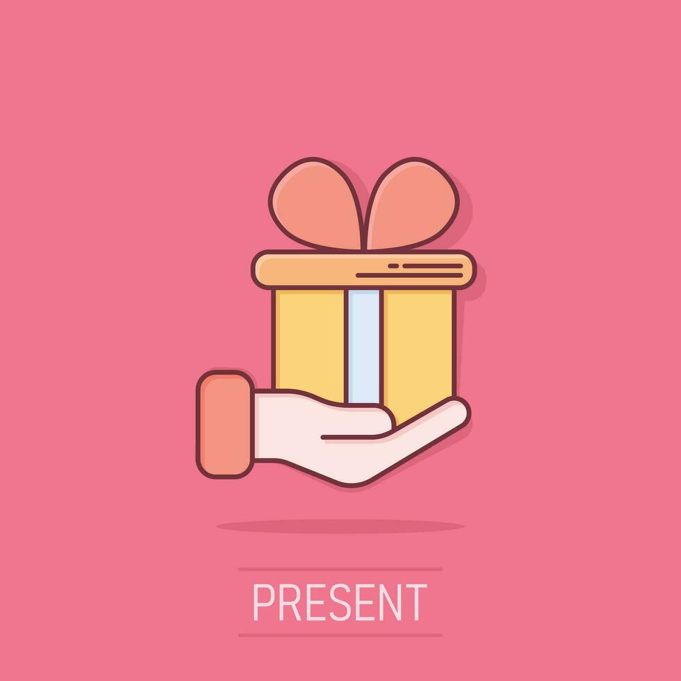 Gift box icon in comic style. Present on hand cartoon vector illustration on isolated background. Surprise splash effect business concept.