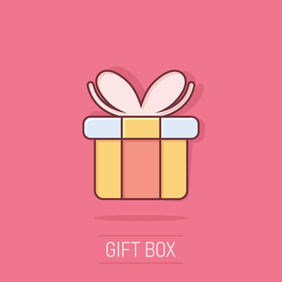 Gift box icon in comic style. Present package cartoon vector illustration on isolated background. Surprise splash effect business concept.