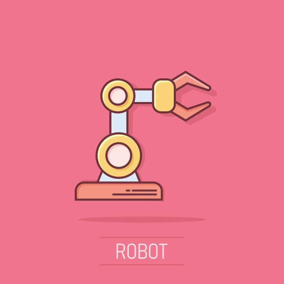 Robot arm icon in comic style. Mechanic manipulator cartoon vector illustration on isolated background. Machine splash effect business concept.