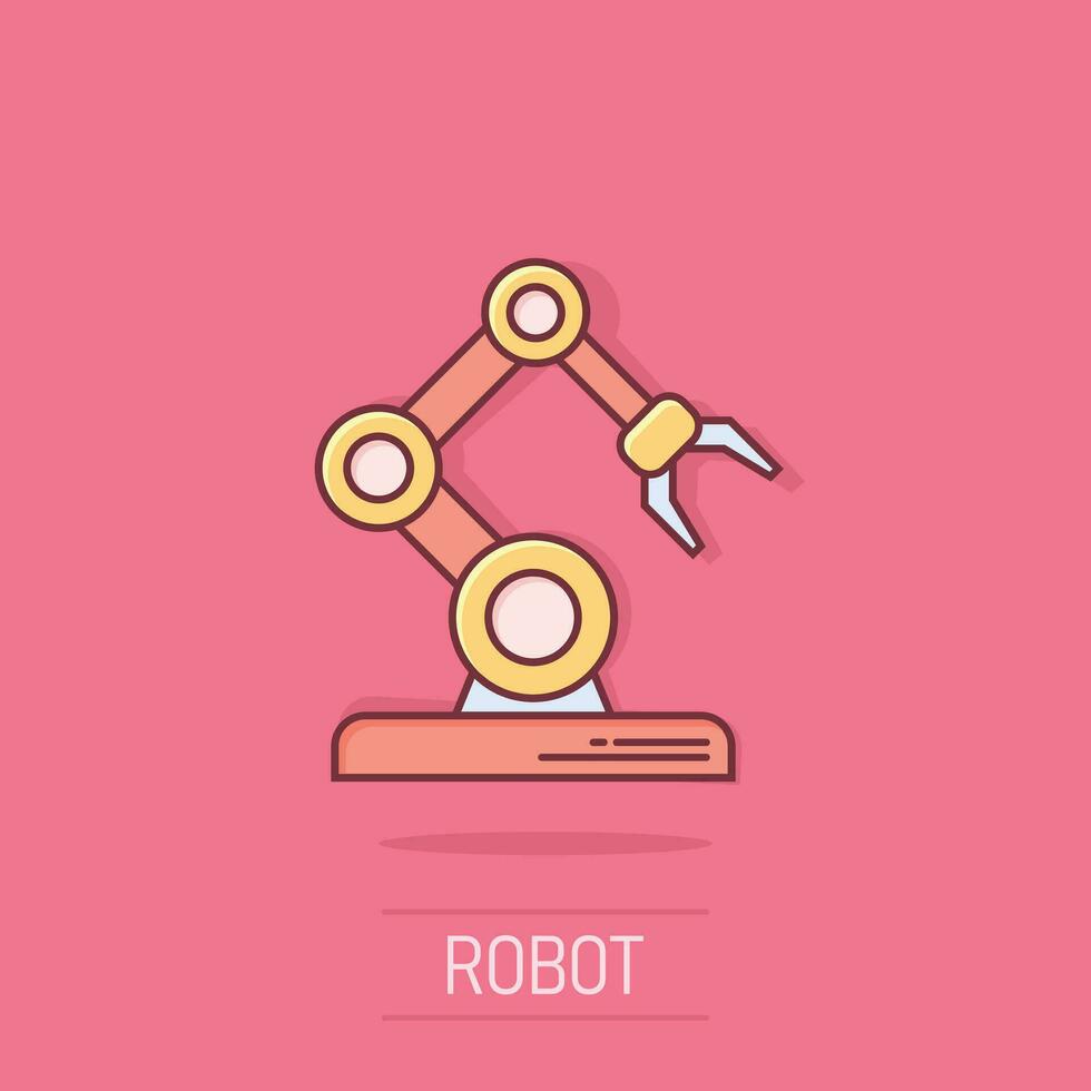 robot brazo icono en cómic estilo. mecánico manipulador dibujos animados vector ilustración en aislado antecedentes. máquina chapoteo efecto negocio concepto.