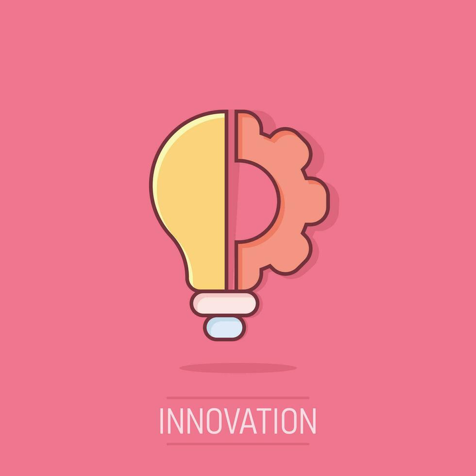 Innovation icon in comic style. Lightbulb with cogwheel cartoon vector illustration on isolated background. Idea splash effect business concept.