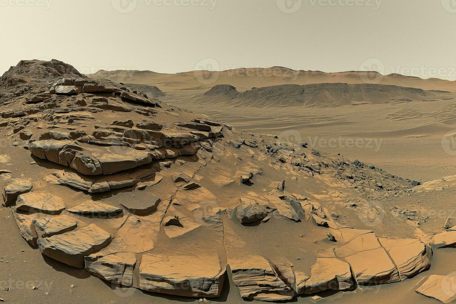 AI generated authentic Martian landscape with layered sedimentary rocks in the foreground, view from the rover's camera photo