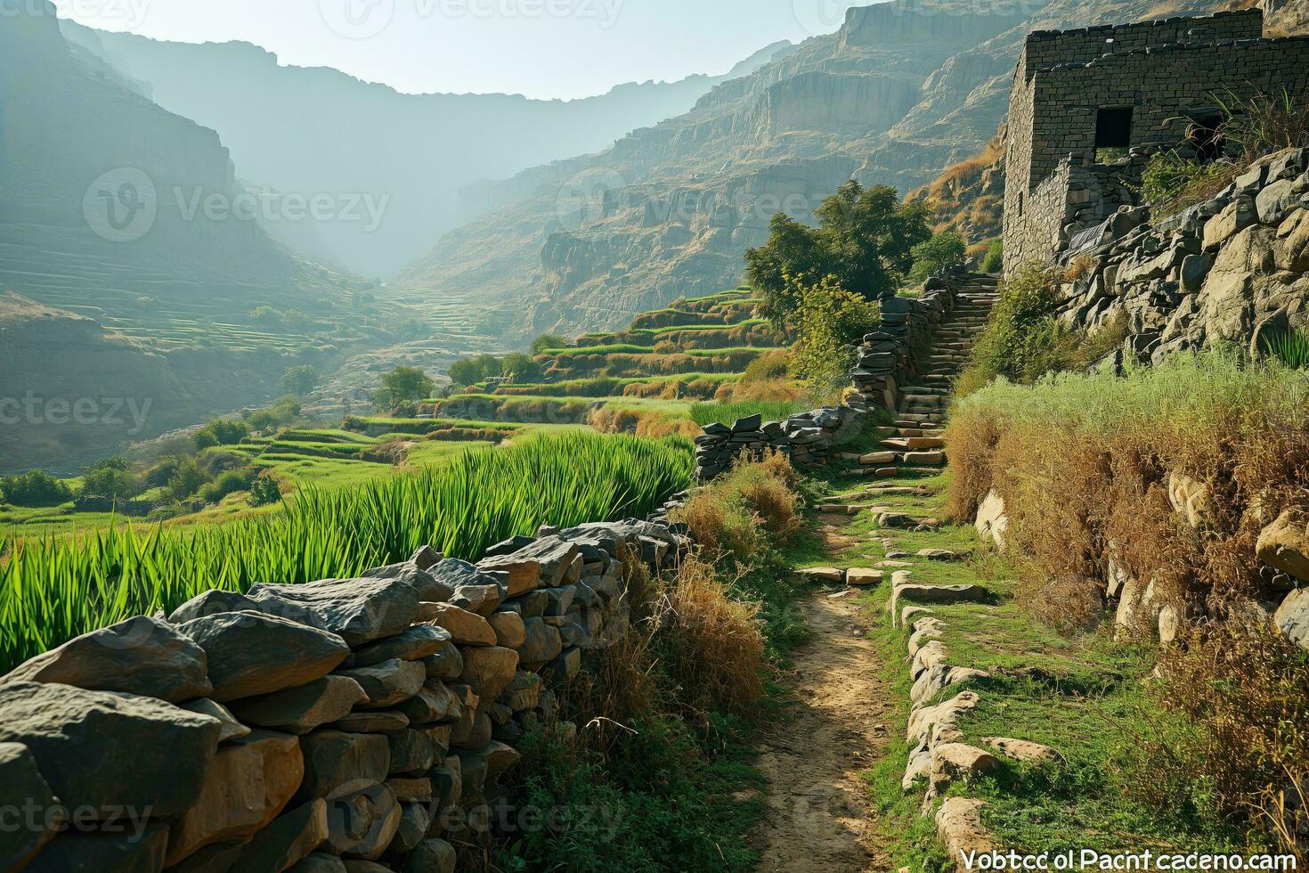 AI generated rural mountain landscape with path and terraced fields in the distance photo