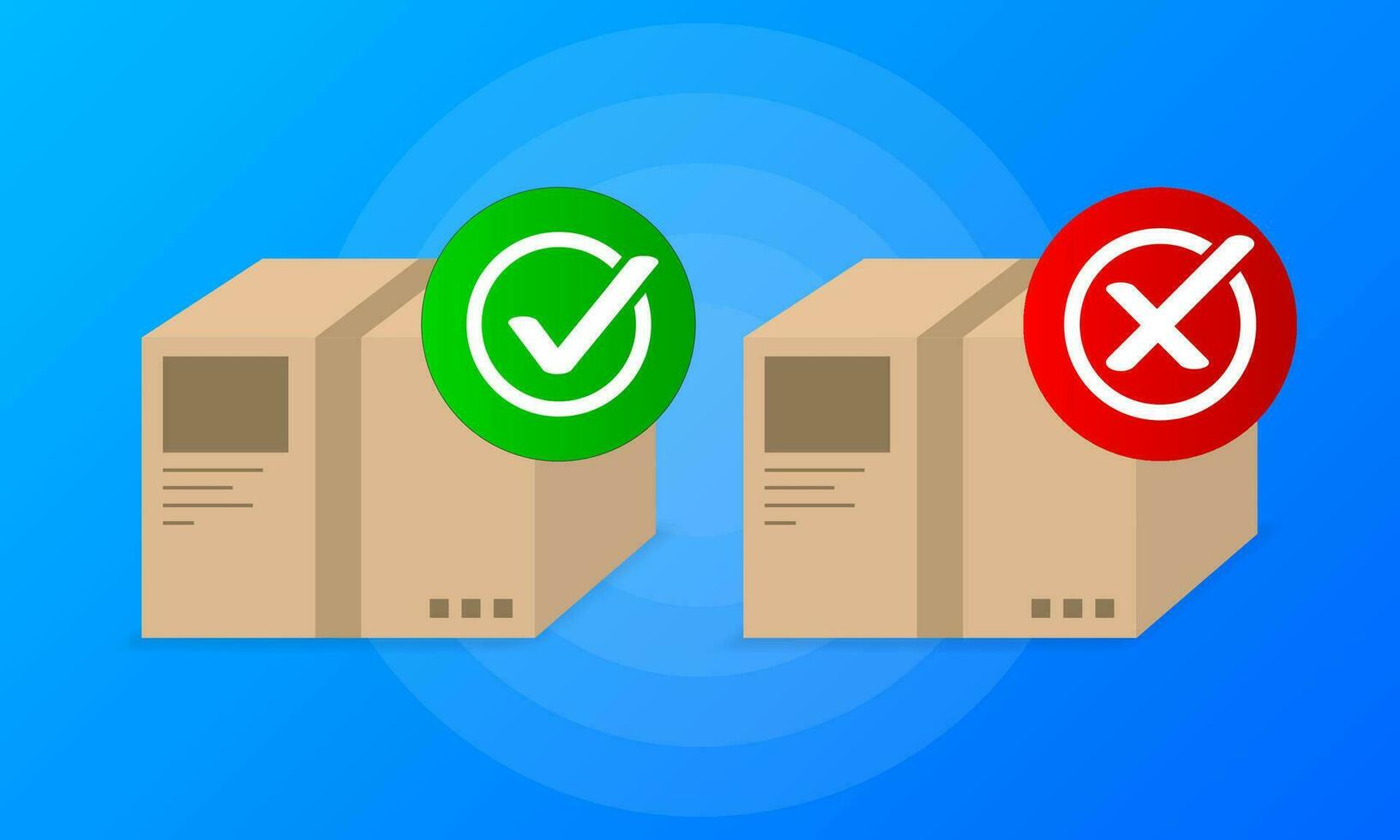 Two parcels with yes or no signs on a blue background. Delivered or not. Vector illustration.