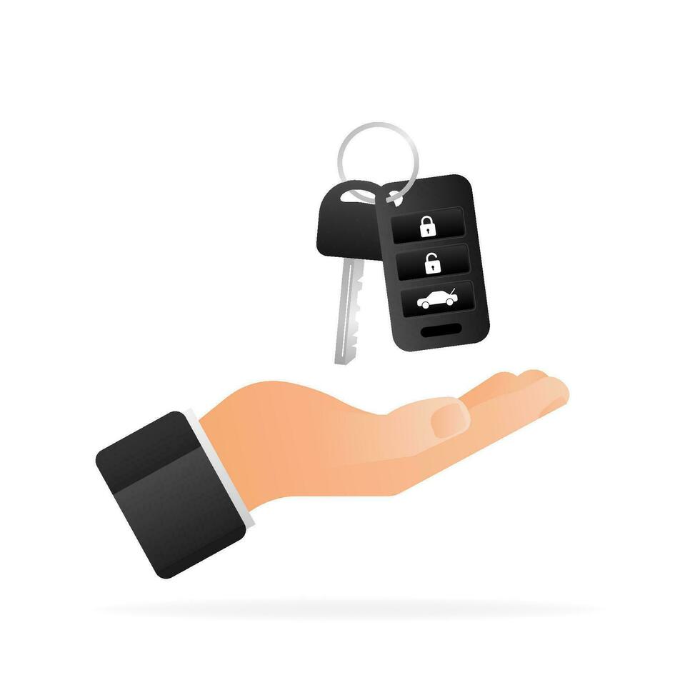 Auto key with hand, great design for any purposes. Blue background. White background. Vector icon