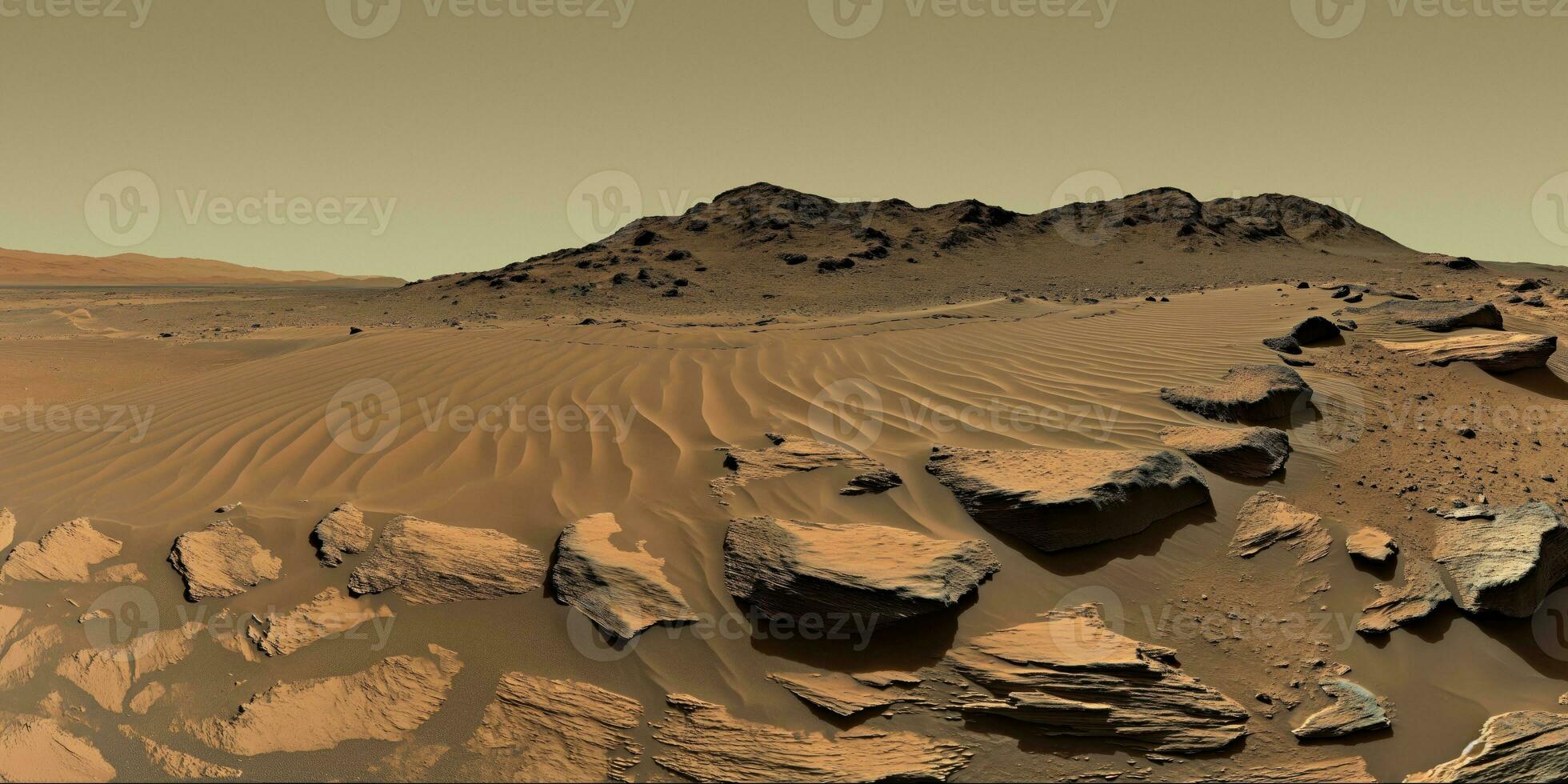 AI generated Scientifically accurate Martian landscape with red sand and layered rocks photo