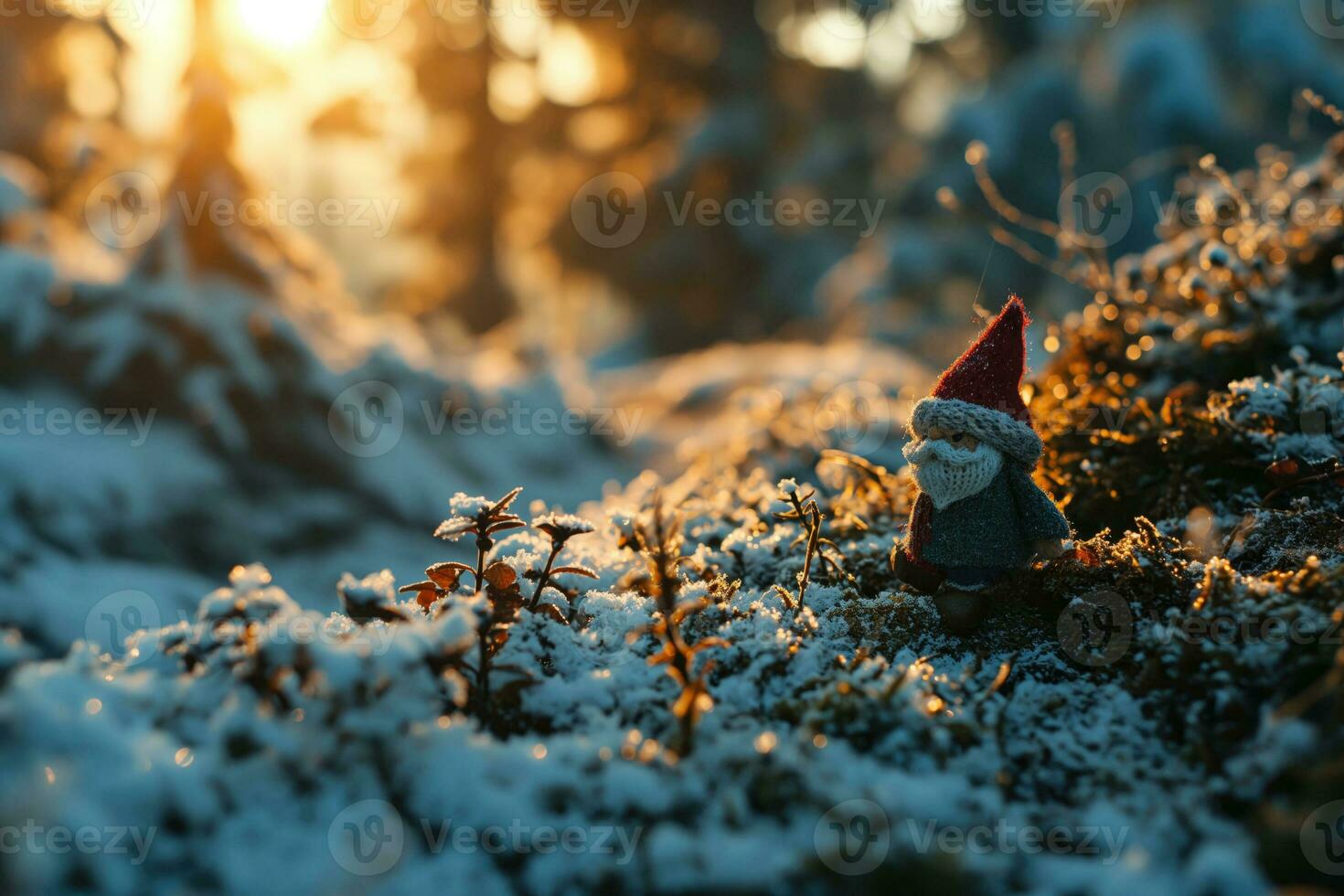 ai generado nuevo año tarjeta, juguete Papa Noel en el invierno bosque foto