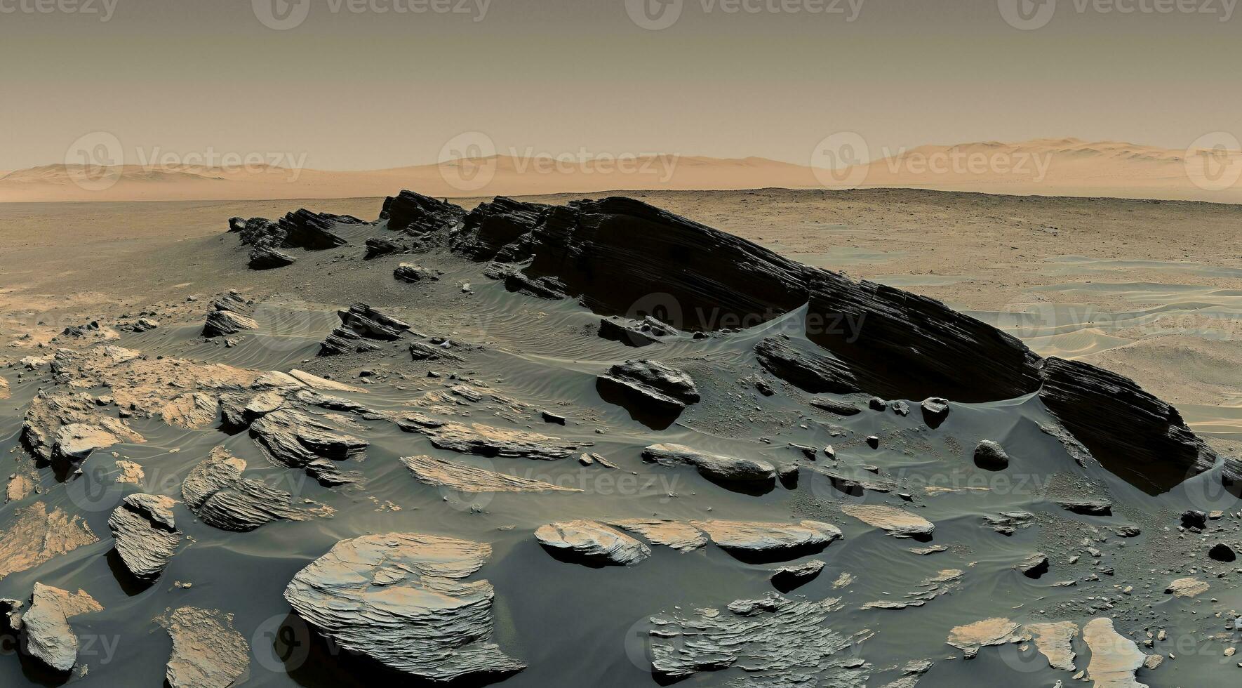 AI generated realistic landscape of the planet Mars, view from the surface photo