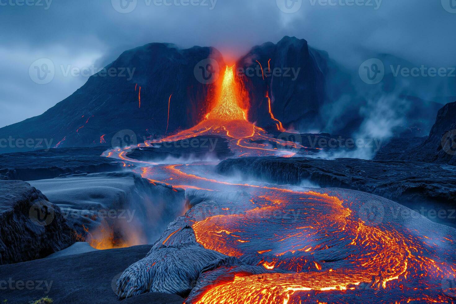 ai generado cerca ver de un volcánico erupción con lava fluye foto