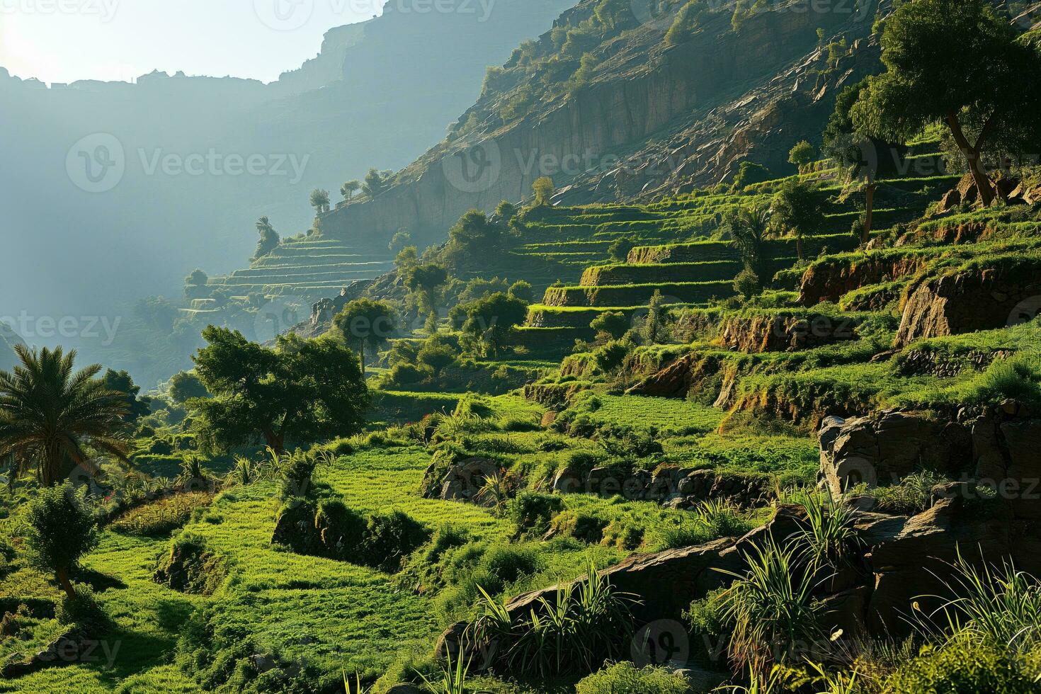 AI generated tropical mountain landscape with terraced fields photo