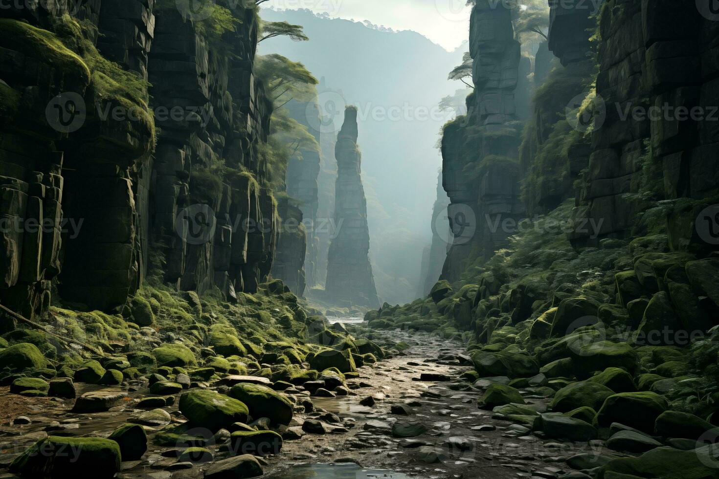 ai generado ver a el fondo de un montaña garganta con natural Roca pilares foto