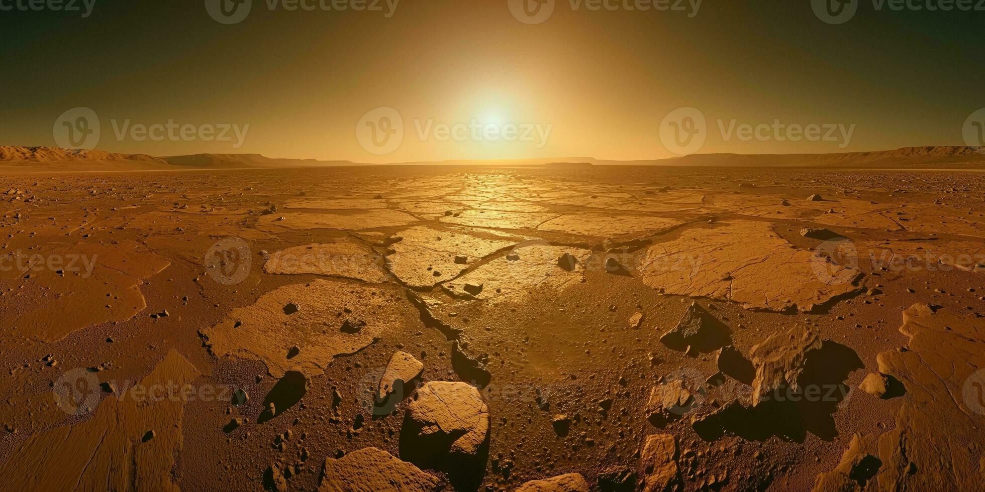 AI generated realistic landscape of the planet Mars, view from the surface of large crater photo