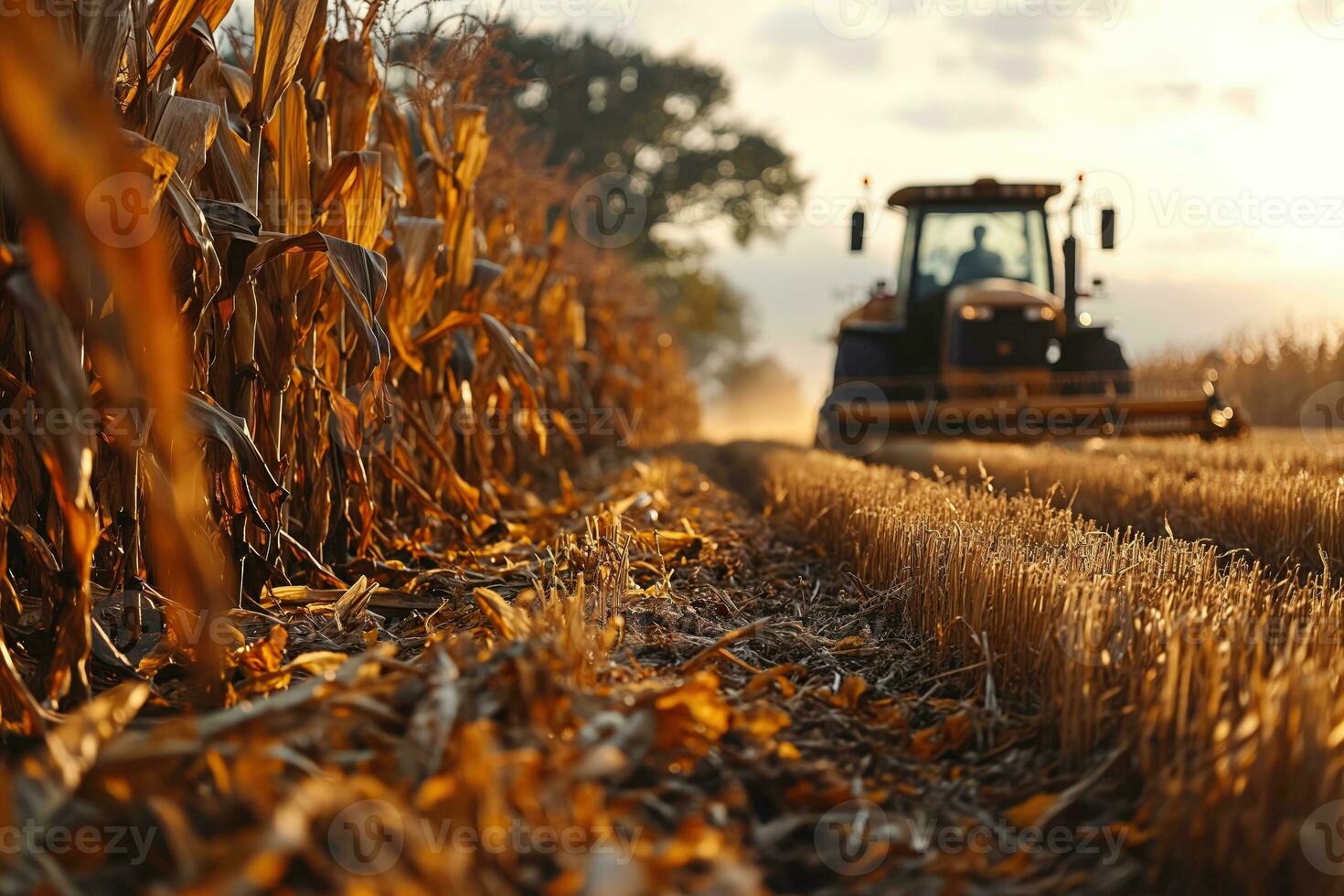 AI generated wheat field during harvest next to corn field and blurred combine harvester in the background photo