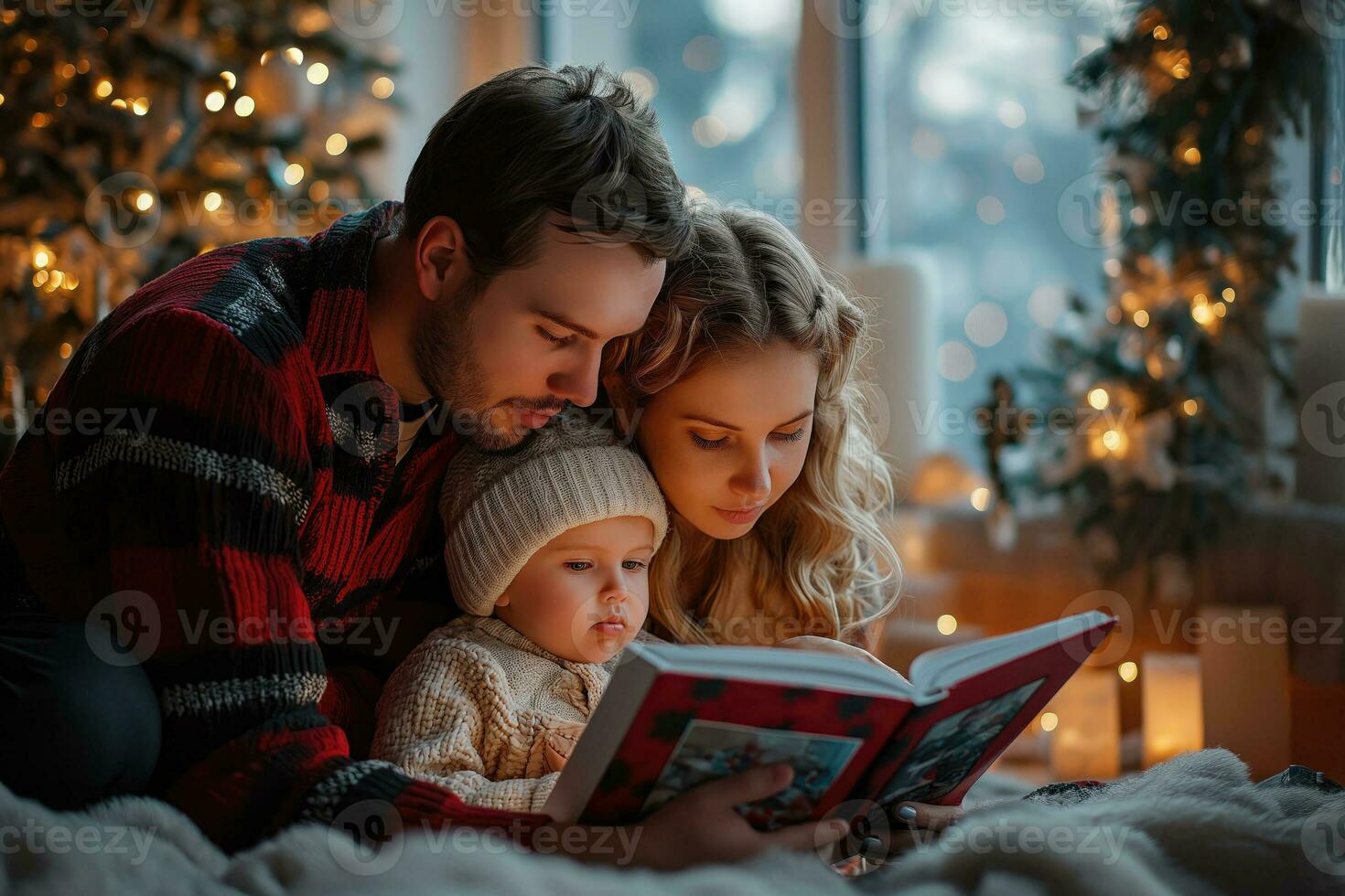 AI generated family looking at a photo book in a christmas interior