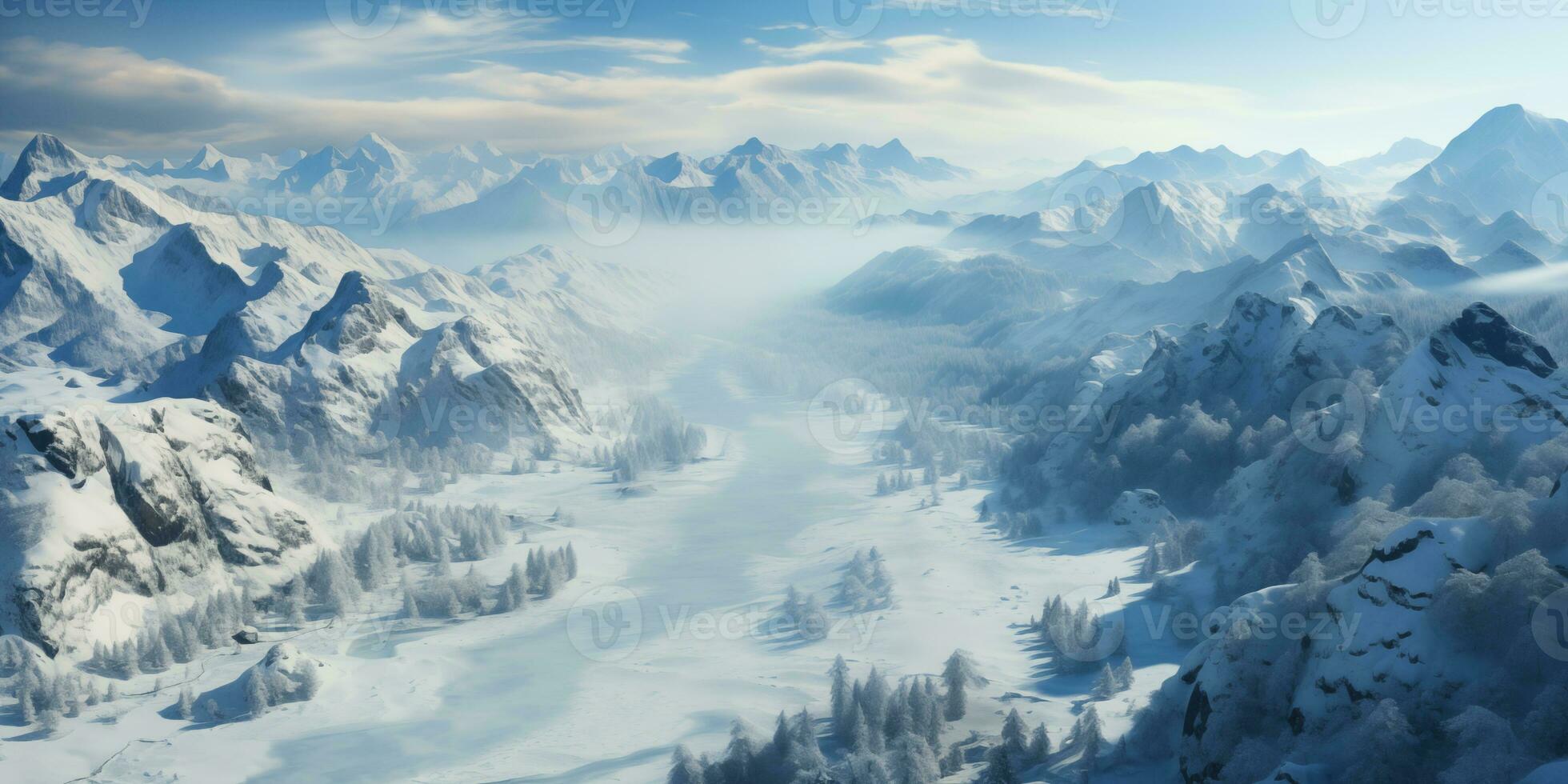 AI generated aerial view of winter mountain landscape with frozen river photo